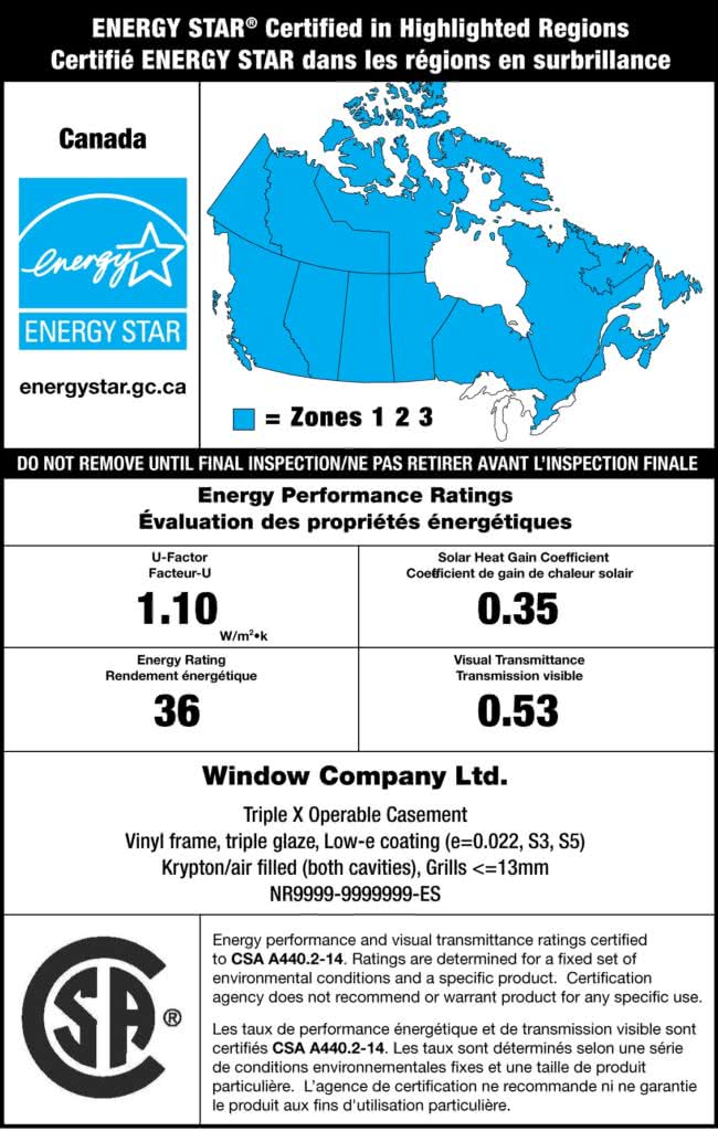 An example label of an ENERGY STAR certification label for a vinyl frame triple glaze low-e coating window, with energy performance ratings such as U-Factor, Solar Heat Gain Coefficient, Energy Rating, and Visual Transmittance.